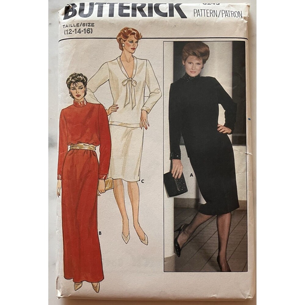 Butterick 6245 Pattern Dress Top Skirt Dressy 12 14 16 Vintage V Stand Collar